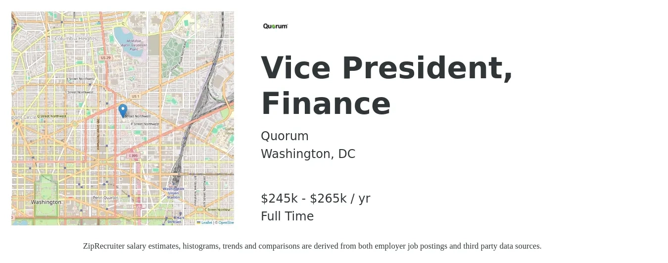 Quorum job posting for a Vice President, Finance in Washington, DC with a salary of $245,000 to $265,000 Yearly with a map of Washington location.