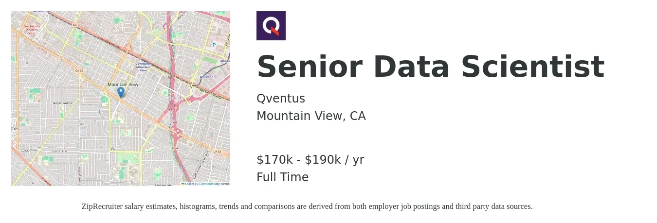 Qventus job posting for a Senior Data Scientist in Mountain View, CA with a salary of $170,000 to $190,000 Yearly with a map of Mountain View location.