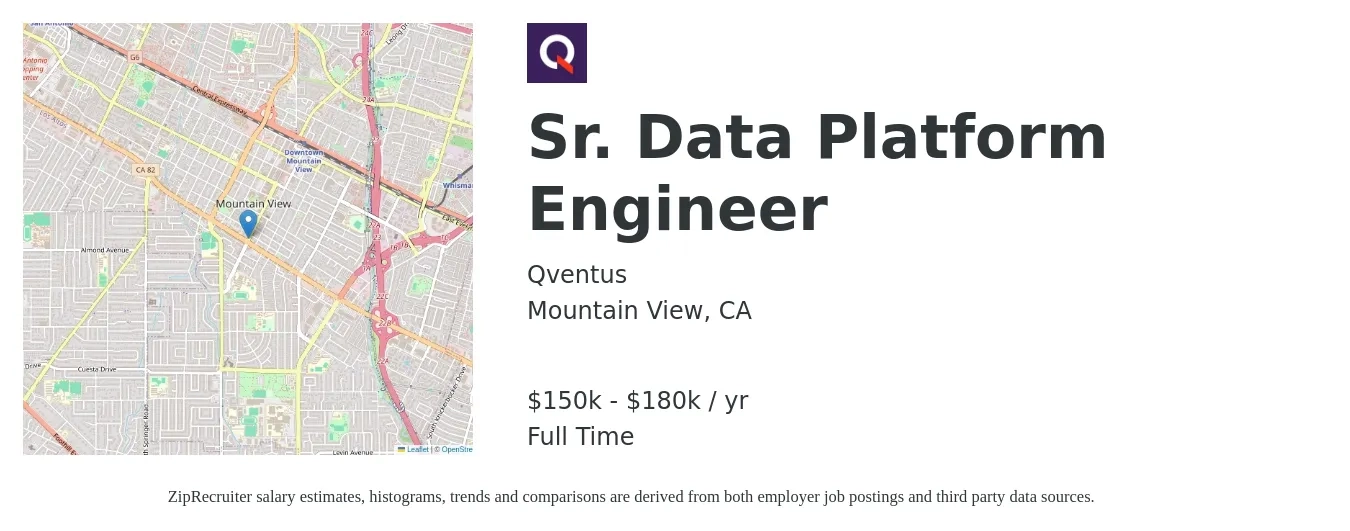 Qventus job posting for a Sr. Data Platform Engineer in Mountain View, CA with a salary of $150,000 to $180,000 Yearly with a map of Mountain View location.