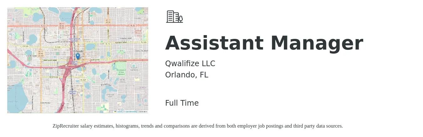 Qwalifize LLC job posting for a Assistant Manager in Orlando, FL with a salary of $31,600 to $64,500 Yearly with a map of Orlando location.
