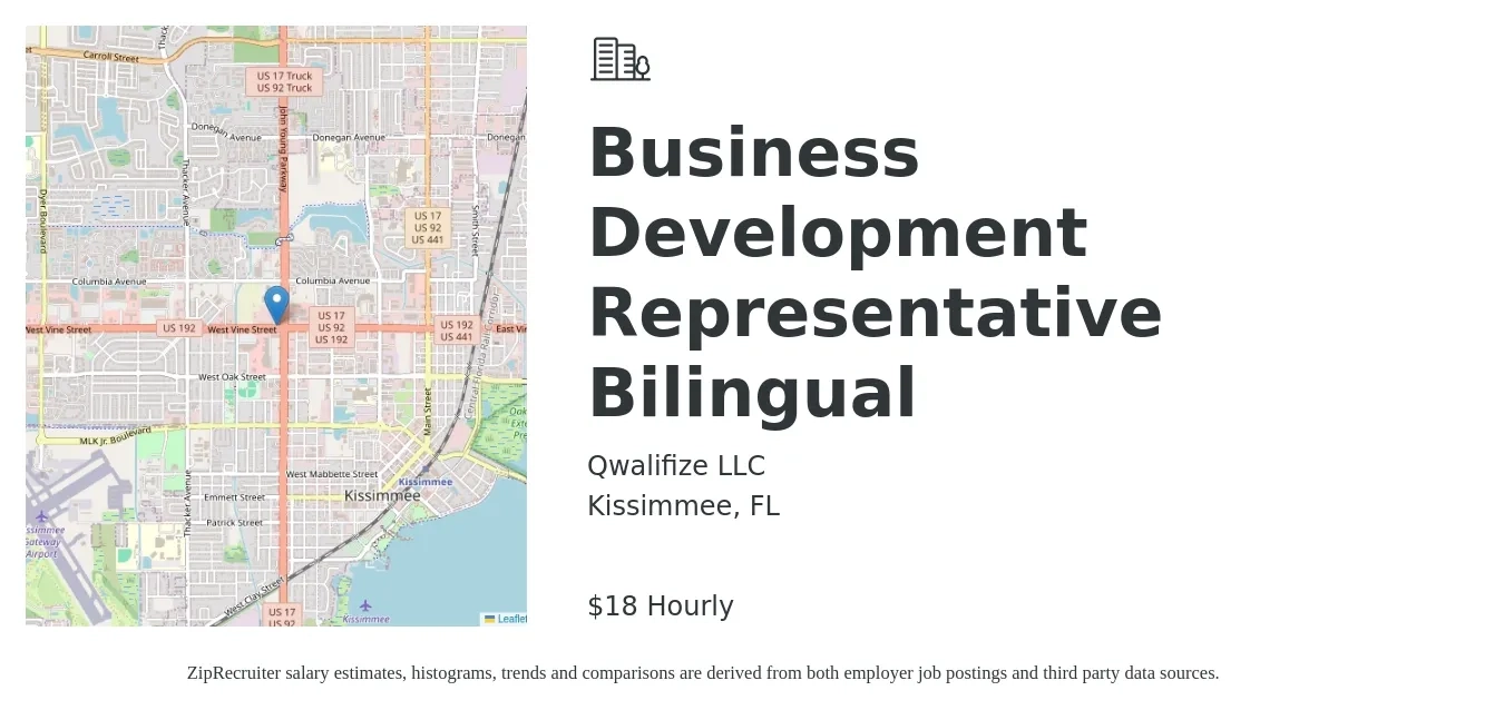 Qwalifize LLC job posting for a Business Development Representative - Bilingual in Kissimmee, FL with a salary of $19 Hourly with a map of Kissimmee location.