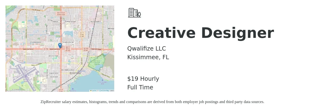 Qwalifize LLC job posting for a Creative Designer in Kissimmee, FL with a salary of $20 Hourly with a map of Kissimmee location.
