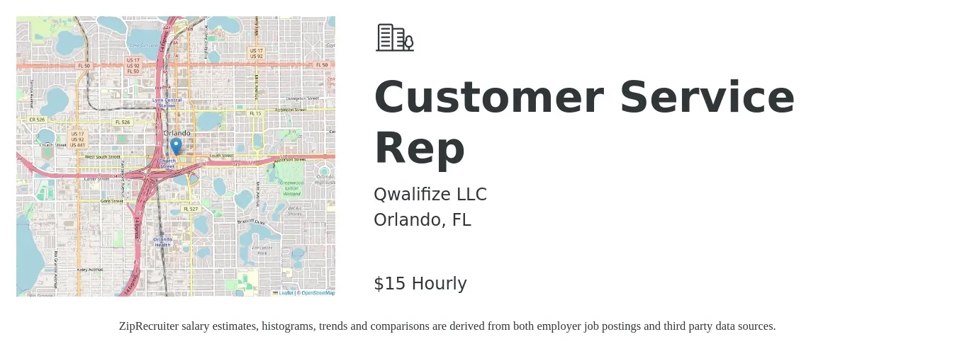 Qwalifize LLC job posting for a Customer Service Rep in Orlando, FL with a salary of $16 Hourly with a map of Orlando location.