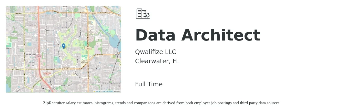 Qwalifize LLC job posting for a Data Architect in Clearwater, FL with a salary of $59 to $76 Hourly with a map of Clearwater location.