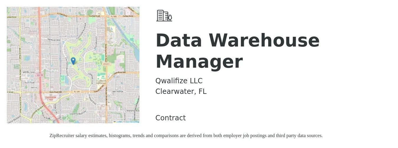 Qwalifize LLC job posting for a Data Warehouse Manager in Clearwater, FL with a salary of $98,600 to $147,500 Yearly with a map of Clearwater location.