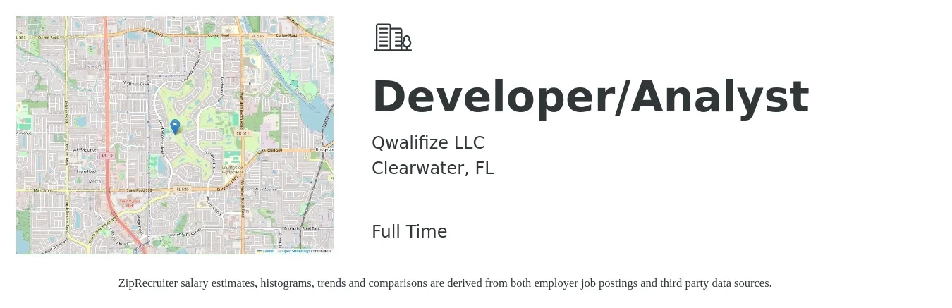Qwalifize LLC job posting for a Developer/Analyst in Clearwater, FL with a salary of $39 to $62 Hourly with a map of Clearwater location.