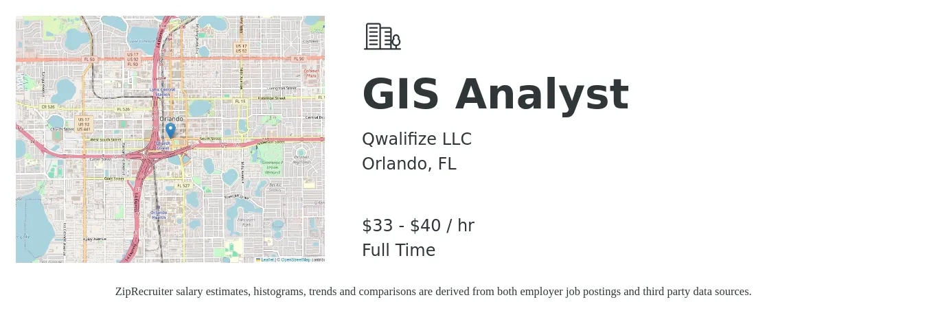 Qwalifize LLC job posting for a GIS Analyst in Orlando, FL with a salary of $35 to $42 Hourly with a map of Orlando location.