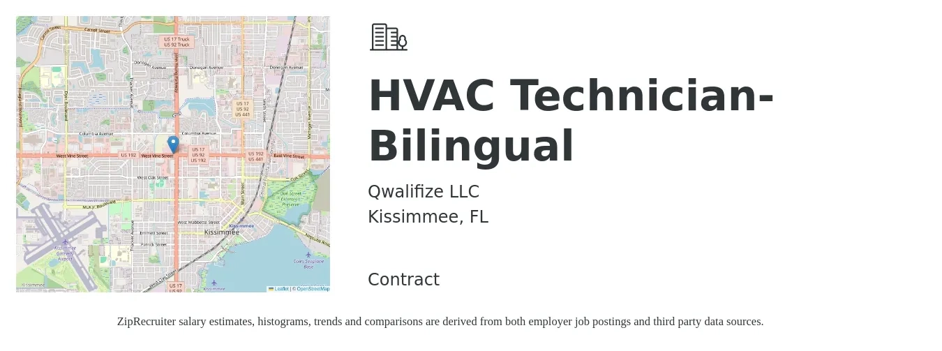 Qwalifize LLC job posting for a HVAC Technician-Bilingual in Kissimmee, FL with a salary of $20 to $30 Hourly with a map of Kissimmee location.