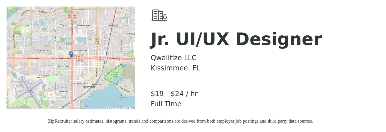 Qwalifize LLC job posting for a Jr. UI/UX Designer in Kissimmee, FL with a salary of $20 to $25 Hourly with a map of Kissimmee location.