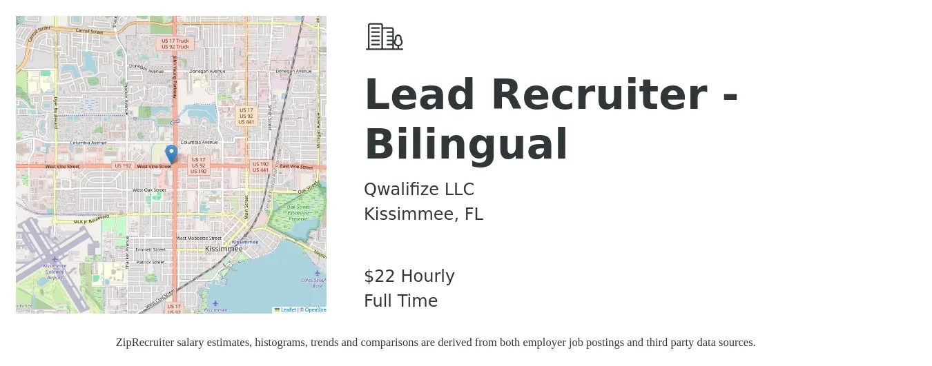 Qwalifize LLC job posting for a Lead Recruiter - Bilingual in Kissimmee, FL with a salary of $23 Hourly with a map of Kissimmee location.