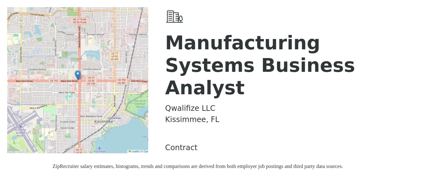 Qwalifize LLC job posting for a Manufacturing Systems Business Analyst in Kissimmee, FL with a salary of $36 to $54 Hourly with a map of Kissimmee location.