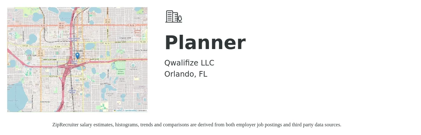 Qwalifize LLC job posting for a Planner in Orlando, FL with a salary of $50,400 to $75,600 Yearly with a map of Orlando location.
