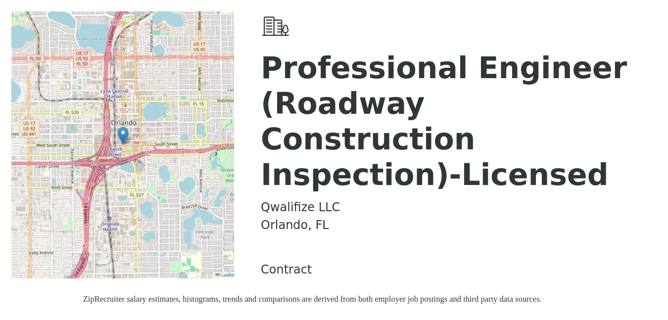Qwalifize LLC job posting for a Professional Engineer (Roadway Construction Inspection)-Licensed in Orlando, FL with a salary of $77,000 to $102,600 Yearly with a map of Orlando location.