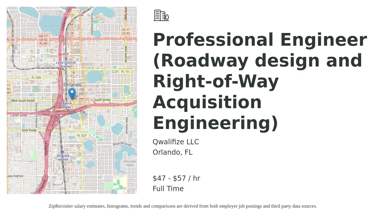Qwalifize LLC job posting for a Professional Engineer (Roadway Design and Right-of-Way Acquisition Engineering) in Orlando, FL with a salary of $49 to $60 Hourly with a map of Orlando location.