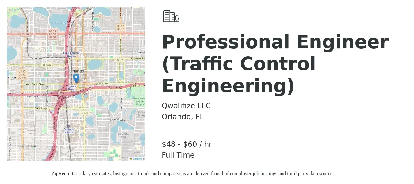 Qwalifize LLC job posting for a Professional Engineer (Traffic Control Engineering) in Orlando, FL with a salary of $50 to $63 Hourly with a map of Orlando location.