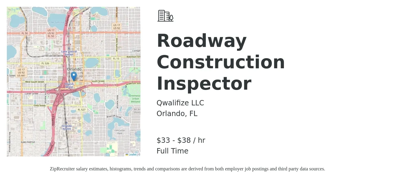 Qwalifize LLC job posting for a Roadway Construction Inspector in Orlando, FL with a salary of $35 to $40 Hourly with a map of Orlando location.