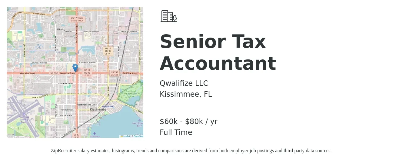 Qwalifize LLC job posting for a Senior Tax Accountant in Kissimmee, FL with a salary of $60,000 to $80,000 Yearly with a map of Kissimmee location.