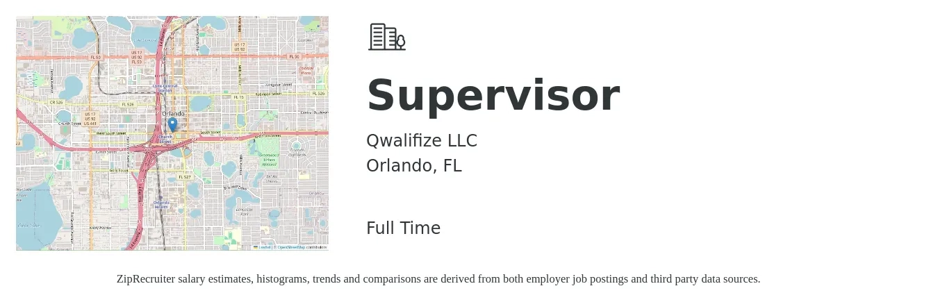 Qwalifize LLC job posting for a Supervisor in Orlando, FL with a salary of $20 to $33 Hourly with a map of Orlando location.