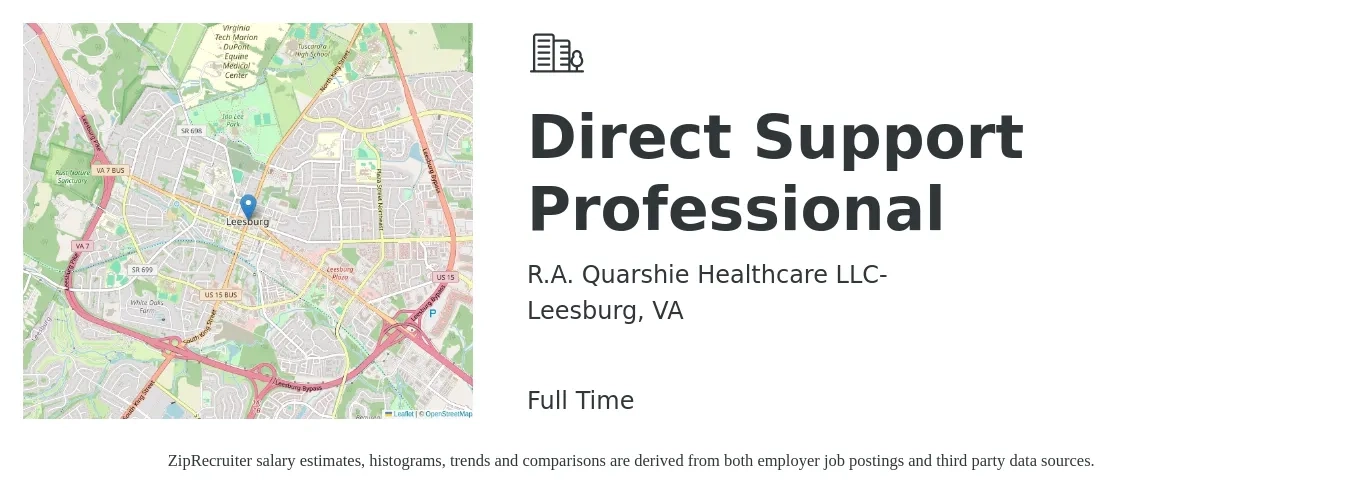 R.A. Quarshie Healthcare LLC- job posting for a Direct Support Professional in Leesburg, VA with a salary of $17 to $19 Hourly with a map of Leesburg location.