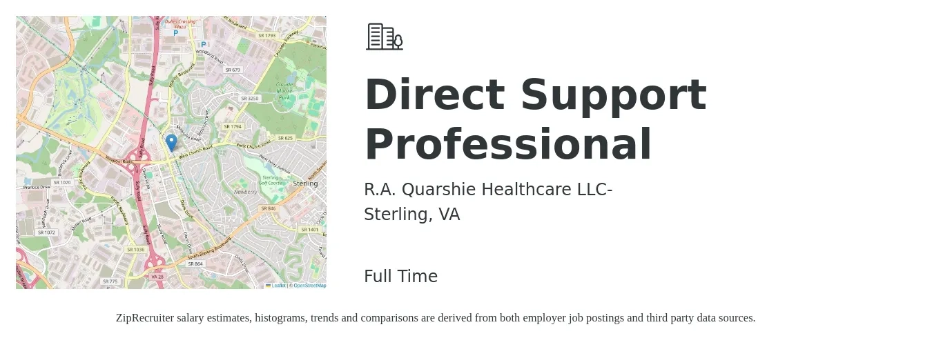 R.A. Quarshie Healthcare LLC- job posting for a Direct Support Professional in Sterling, VA with a salary of $17 to $19 Hourly with a map of Sterling location.