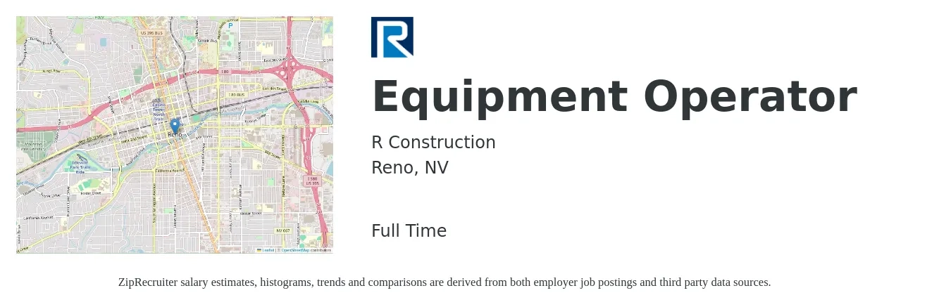 R Construction job posting for a Equipment Operator in Reno, NV with a salary of $24 to $28 Hourly with a map of Reno location.