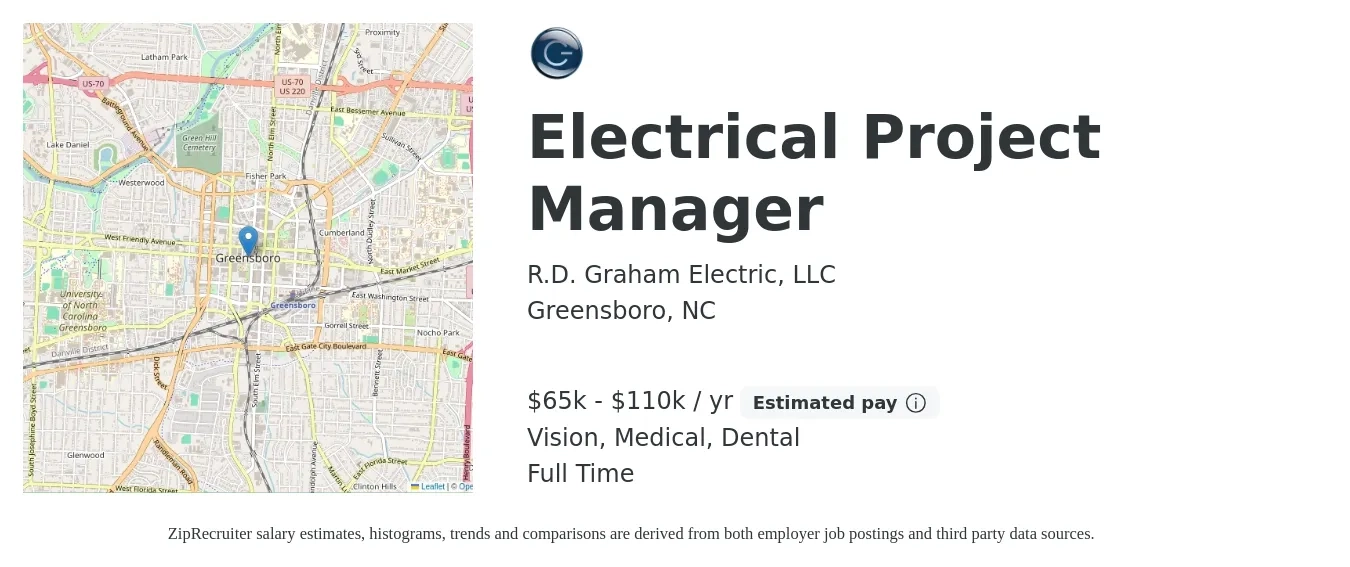 R.D. Graham Electric, LLC job posting for a Electrical Project Manager in Greensboro, NC with a salary of $65,000 to $110,000 Yearly and benefits including life_insurance, medical, pto, retirement, vision, and dental with a map of Greensboro location.