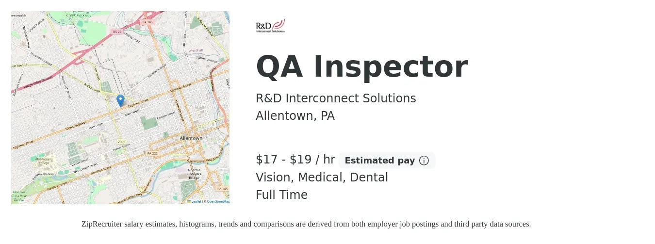 R&D Interconnect Solutions job posting for a QA Inspector in Allentown, PA with a salary of $20 to $25 Hourly and benefits including retirement, vision, dental, life_insurance, medical, and pto with a map of Allentown location.