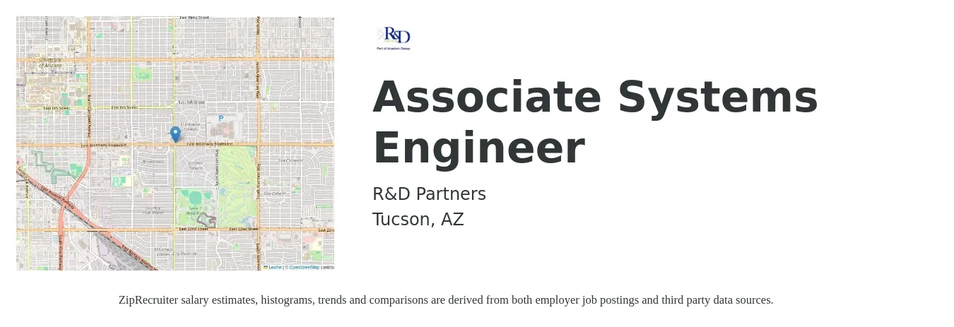 R&D Partners job posting for a Associate Systems Engineer in Tucson, AZ with a salary of $63,200 to $91,600 Yearly with a map of Tucson location.