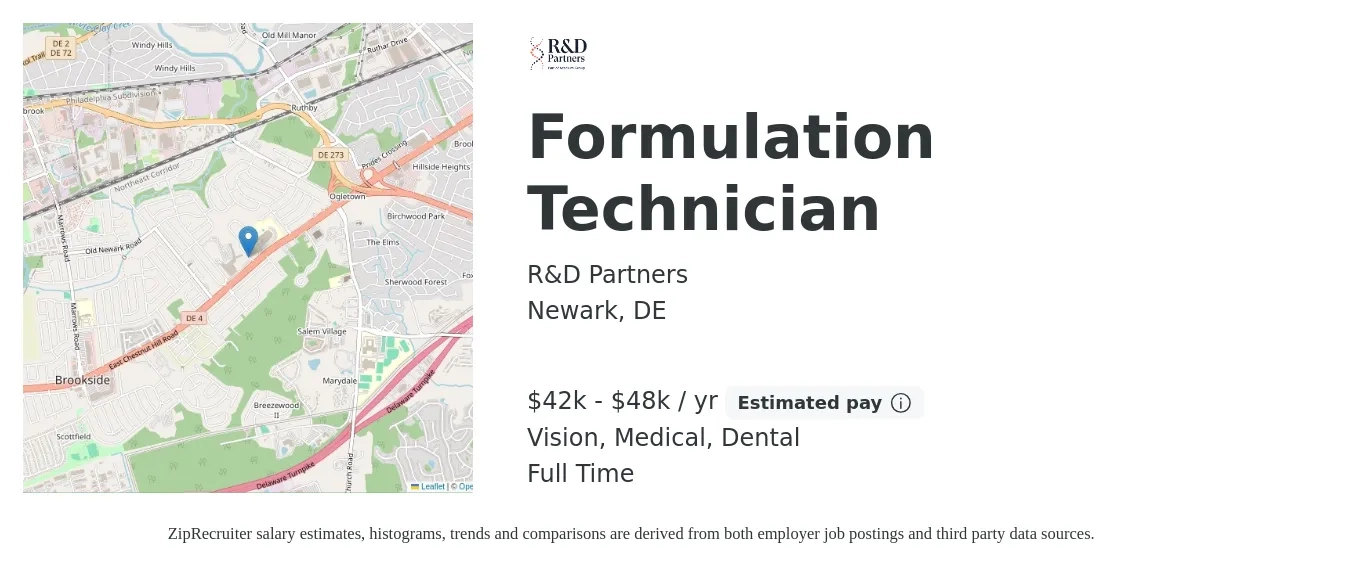 R&D Partners job posting for a Formulation Technician in Newark, DE with a salary of $42,000 to $48,000 Yearly and benefits including dental, medical, retirement, and vision with a map of Newark location.