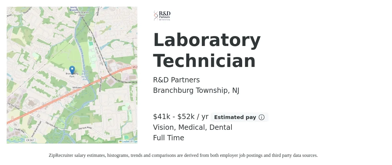 R&D Partners job posting for a Laboratory Technician in Branchburg Township, NJ with a salary of $41,600 to $52,000 Yearly and benefits including medical, pto, retirement, vision, and dental with a map of Branchburg Township location.