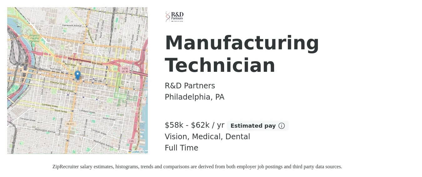 R&D Partners job posting for a Manufacturing Technician in Philadelphia, PA with a salary of $58,240 to $62,400 Yearly and benefits including vision, dental, life_insurance, medical, and retirement with a map of Philadelphia location.