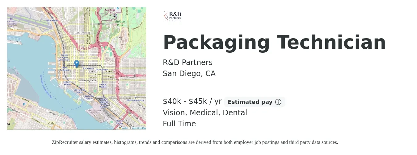 R&D Partners job posting for a Packaging Technician in San Diego, CA with a salary of $40,000 to $45,000 Yearly and benefits including retirement, vision, dental, medical, and pto with a map of San Diego location.