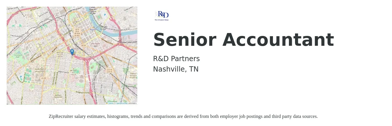 R&D Partners job posting for a Senior Accountant in Nashville, TN with a salary of $71,500 to $89,800 Yearly with a map of Nashville location.