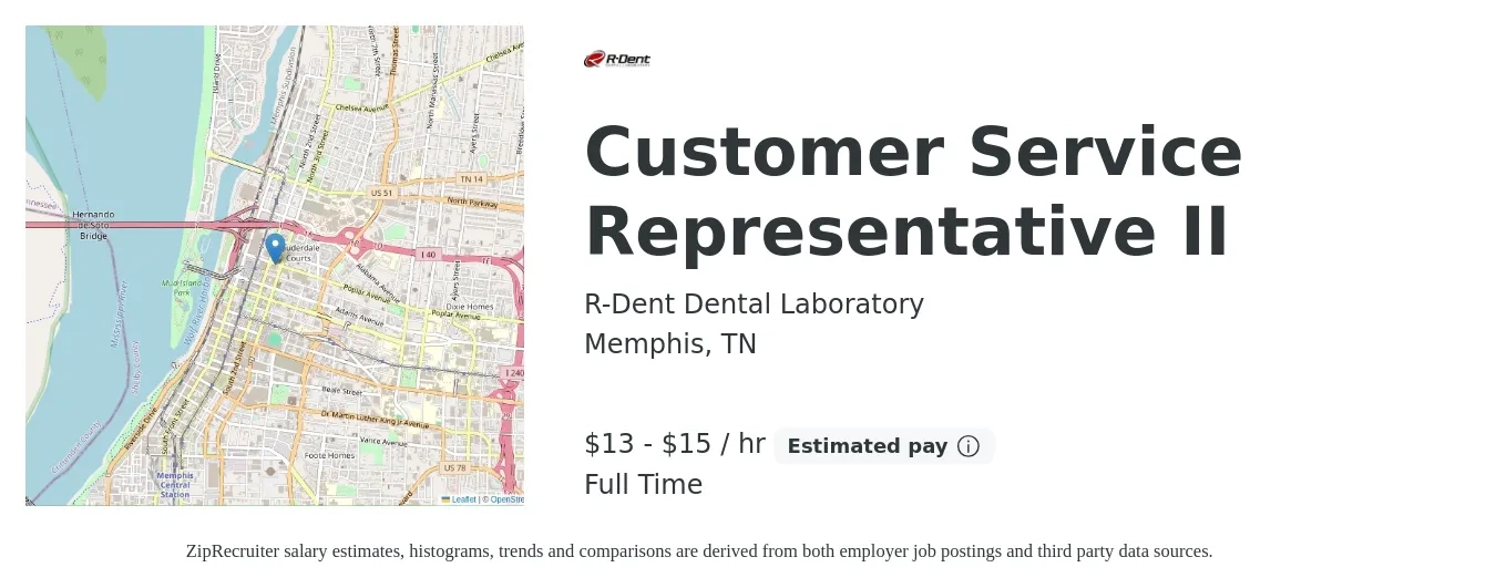 R-Dent Dental Laboratory job posting for a Customer Service Representative II in Memphis, TN with a salary of $14 to $16 Hourly with a map of Memphis location.