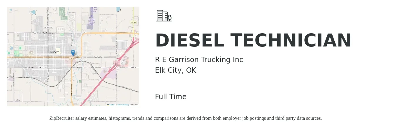 R E Garrison Trucking Inc job posting for a DIESEL TECHNICIAN in Elk City, OK with a salary of $24 to $33 Hourly with a map of Elk City location.