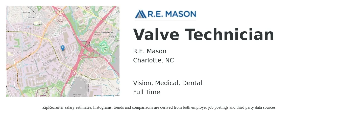 R.E. Mason job posting for a Valve Technician in Charlotte, NC with a salary of $20 to $28 Hourly and benefits including dental, life_insurance, medical, pto, retirement, and vision with a map of Charlotte location.