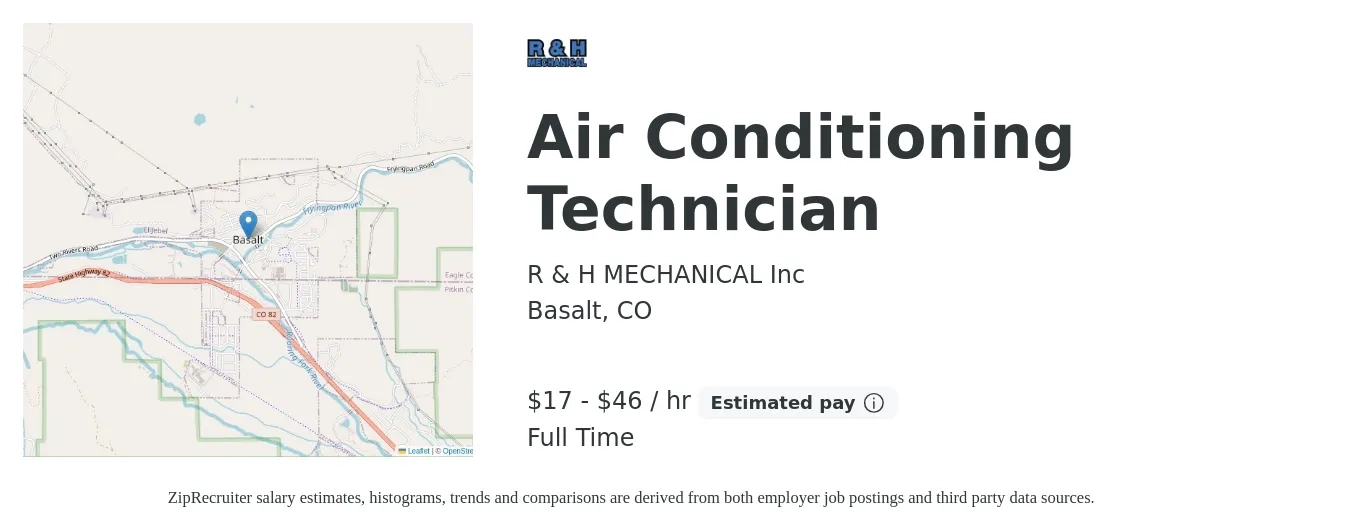 R & H MECHANICAL Inc job posting for a Air Conditioning Technician in Basalt, CO with a salary of $18 to $48 Hourly with a map of Basalt location.
