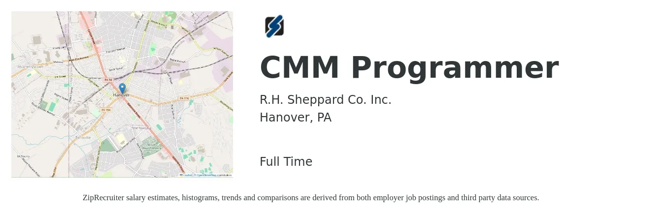 R.H. Sheppard Co. Inc. job posting for a CMM Programmer in Hanover, PA with a salary of $26 to $36 Hourly with a map of Hanover location.