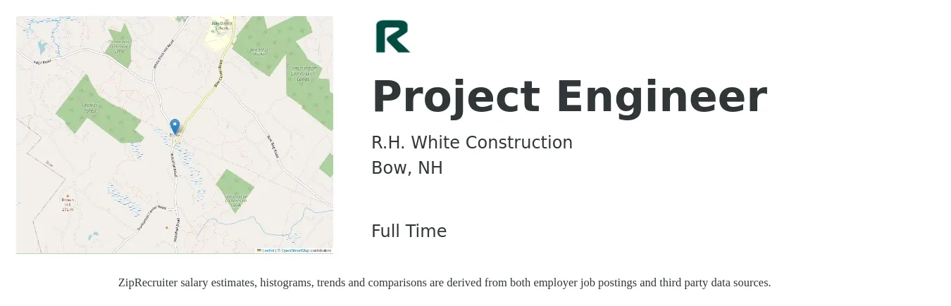 R.H. White Construction job posting for a Project Engineer in Bow, NH with a salary of $74,900 to $104,800 Yearly with a map of Bow location.