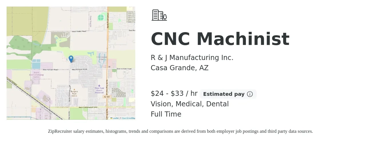 R & J Manufacturing Inc. job posting for a CNC Machinist in Casa Grande, AZ with a salary of $25 to $35 Hourly and benefits including retirement, vision, dental, life_insurance, medical, and pto with a map of Casa Grande location.