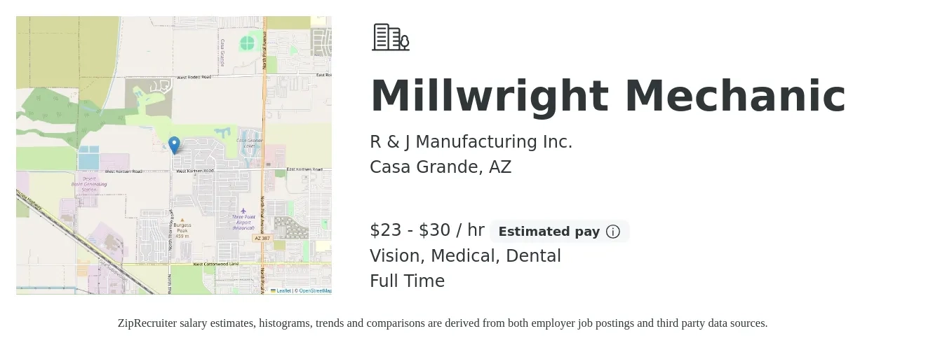 R & J Manufacturing Inc. job posting for a Millwright Mechanic in Casa Grande, AZ with a salary of $24 to $32 Hourly and benefits including medical, pto, retirement, vision, dental, and life_insurance with a map of Casa Grande location.