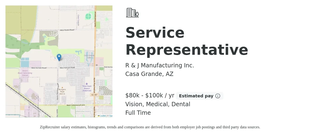 R & J Manufacturing Inc. job posting for a Service Representative in Casa Grande, AZ with a salary of $80,000 to $100,000 Yearly and benefits including vision, dental, life_insurance, medical, pto, and retirement with a map of Casa Grande location.