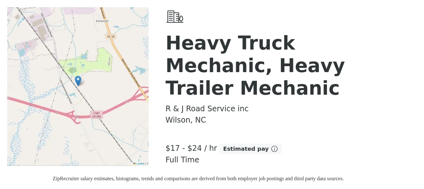 R & J Road Service inc job posting for a Heavy Truck Mechanic, Heavy Trailer Mechanic in Wilson, NC with a salary of $18 to $25 Hourly with a map of Wilson location.