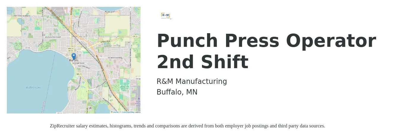 R&M Manufacturing job posting for a Punch Press Operator 2nd Shift in Buffalo, MN with a salary of $19 to $23 Hourly with a map of Buffalo location.