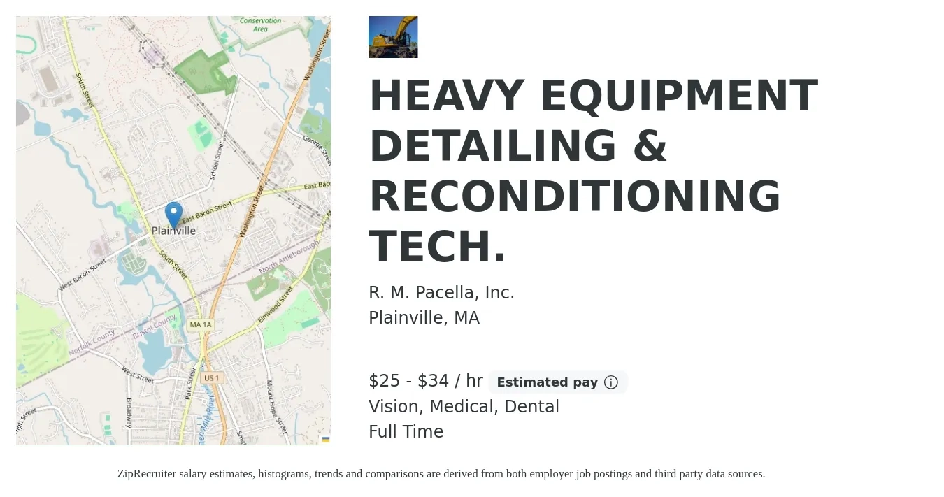 R. M. Pacella, Inc. job posting for a HEAVY EQUIPMENT DETAILING & RECONDITIONING TECH. in Plainville, MA with a salary of $26 to $36 Hourly and benefits including vision, dental, life_insurance, medical, and retirement with a map of Plainville location.