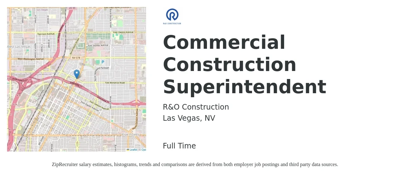 R&O Construction job posting for a Commercial Construction Superintendent in Las Vegas, NV with a salary of $77,400 to $108,000 Yearly with a map of Las Vegas location.