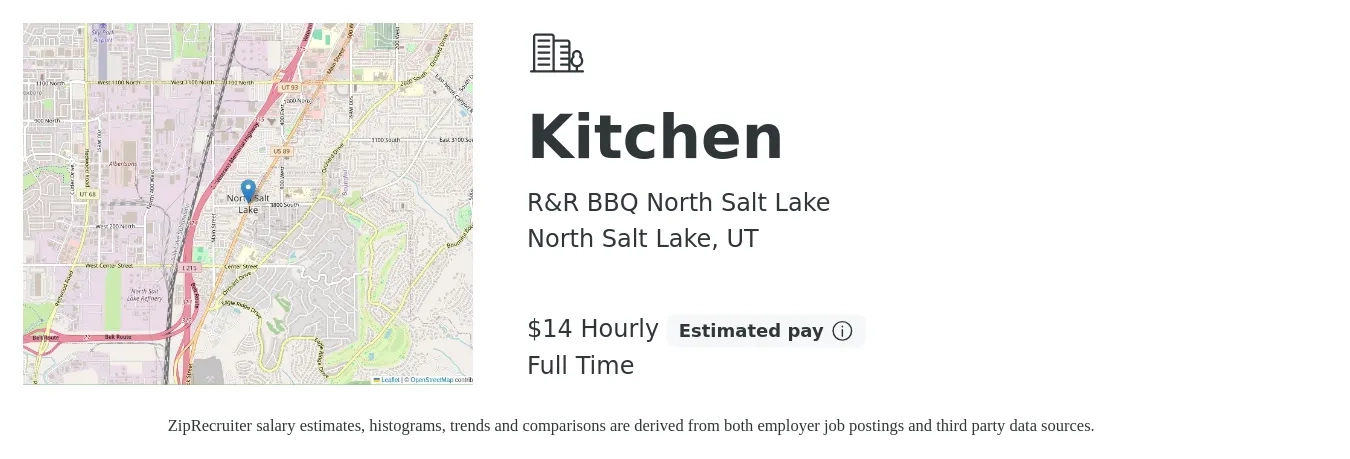 R&R BBQ North Salt Lake job posting for a Kitchen in North Salt Lake, UT with a salary of $15 Hourly with a map of North Salt Lake location.