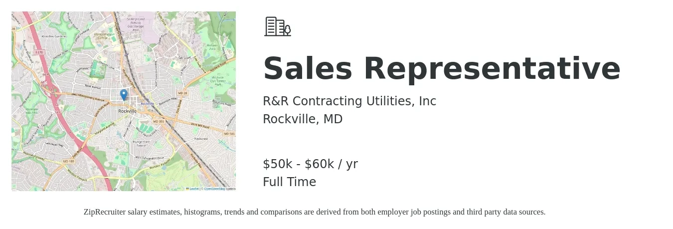 R&R Contracting Utilities, Inc job posting for a Sales Representative in Rockville, MD with a salary of $50,000 to $60,000 Yearly with a map of Rockville location.