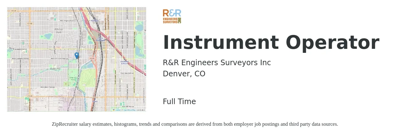 R&R Engineers Surveyors Inc job posting for a Instrument Operator in Denver, CO with a salary of $18 to $23 Hourly with a map of Denver location.
