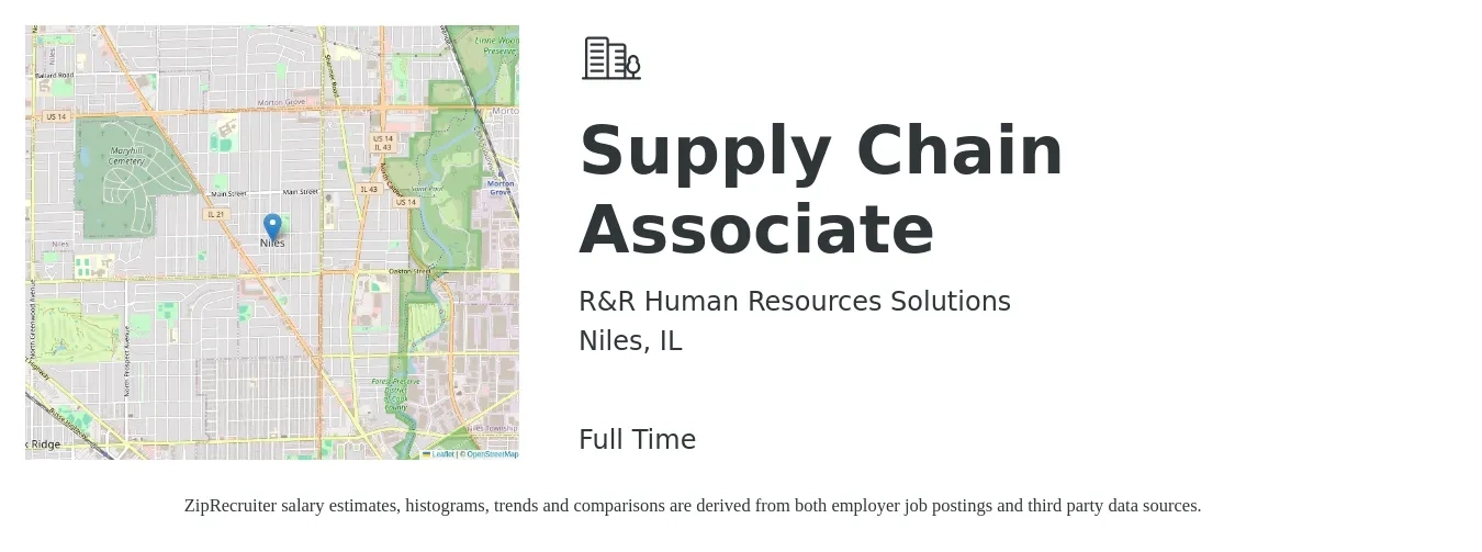 R&R Human Resources Solutions job posting for a Supply Chain Associate in Niles, IL with a salary of $20 to $32 Hourly with a map of Niles location.